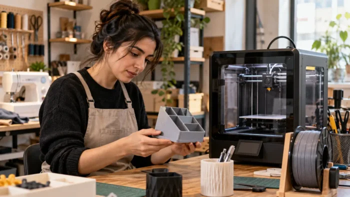 Atölyede 3D yazıcıyla üretilen masa düzenleyicisini inceleyen kadın