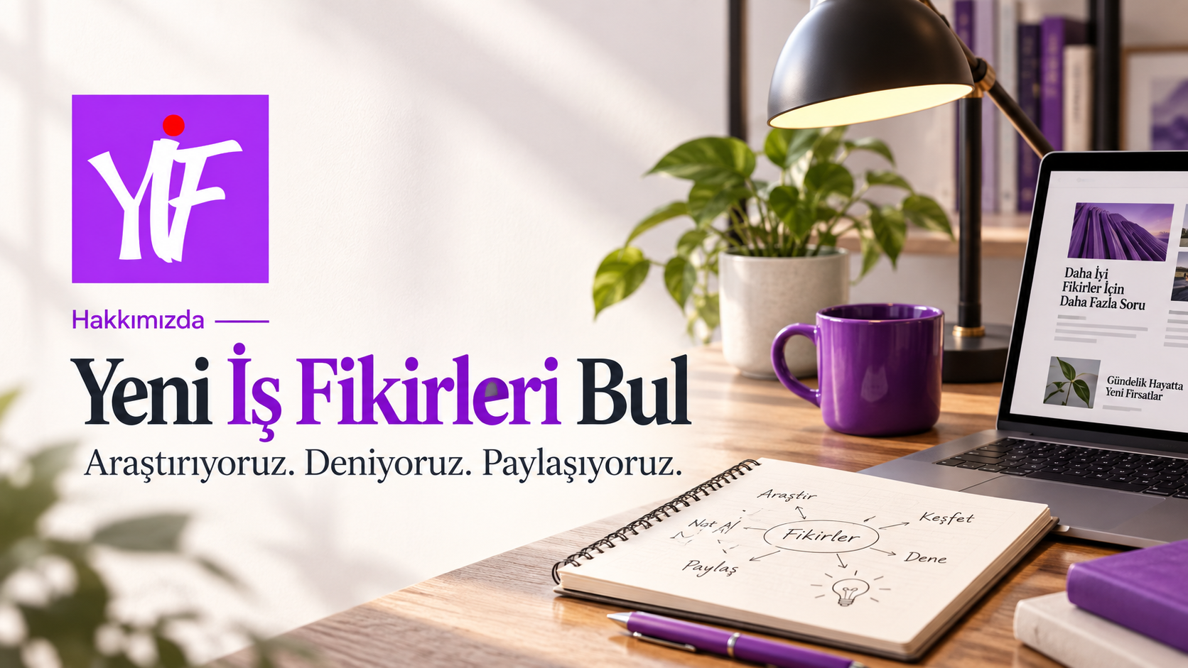 Yeni İş Fikirleri Bul logosu, Hakkımızda başlığı ve araştırıyoruz, deniyoruz, paylaşıyoruz yaklaşımını anlatan çalışma masası