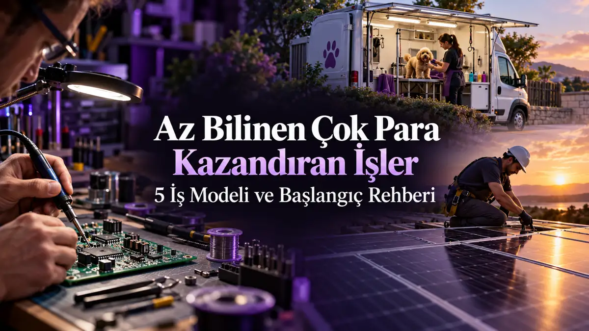 Az bilinen çok para kazandıran işler: elektronik kart tamiri, mobil pet kuaförü ve güneş paneli hizmetlerini gösteren mor kapak