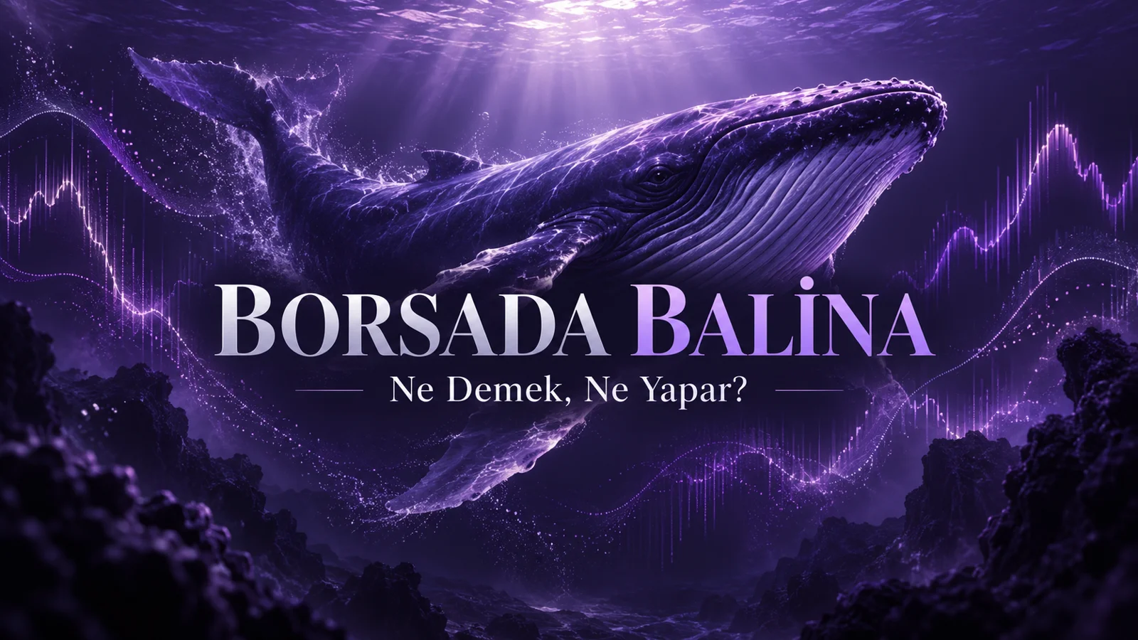 Borsada Balina Ne Demek, Kime Denir, Ne Yapar? 3 Borsada balina kavramını temsil eden mor tonlarda balina ve sembolik piyasa grafikleri