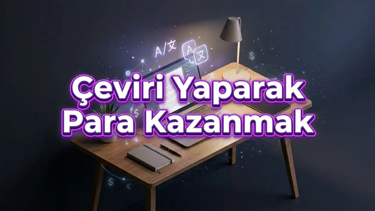 Çeviri Yaparak Para Kazanmak: 5 Hizmet ve İlk Müşteri Rehberi 1 Çeviri yaparak para kazanmak başlıklı, bilgisayar ve defter bulunan mor tonlu çalışma masası kapağı
