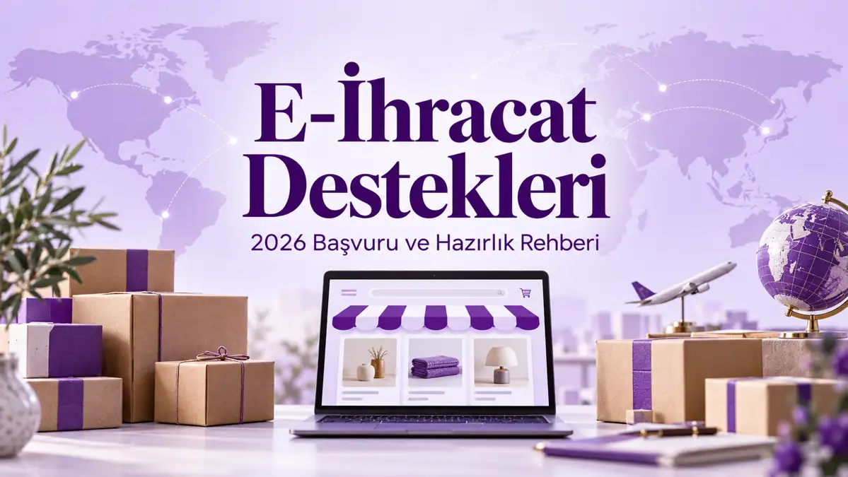 E-ihracat destekleri başvuru rehberi için mor dünya haritası, ürün kutuları ve online mağaza görseli