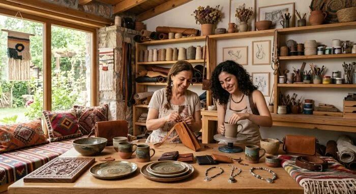 2027'de Denenecek E-Ticaret İş Fikri: 12 Model ve Başlangıç Rehberi 4 Atölyede seramik ve el işi ürünleri hazırlayan iki kadını gösteren temsili görsel
