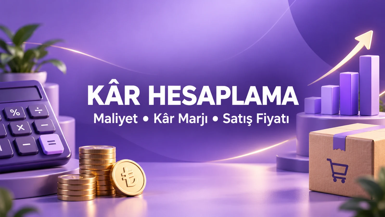 Mor zemin üzerinde kâr hesaplama başlığı, hesap makinesi, madeni paralar ve ürün kutusu