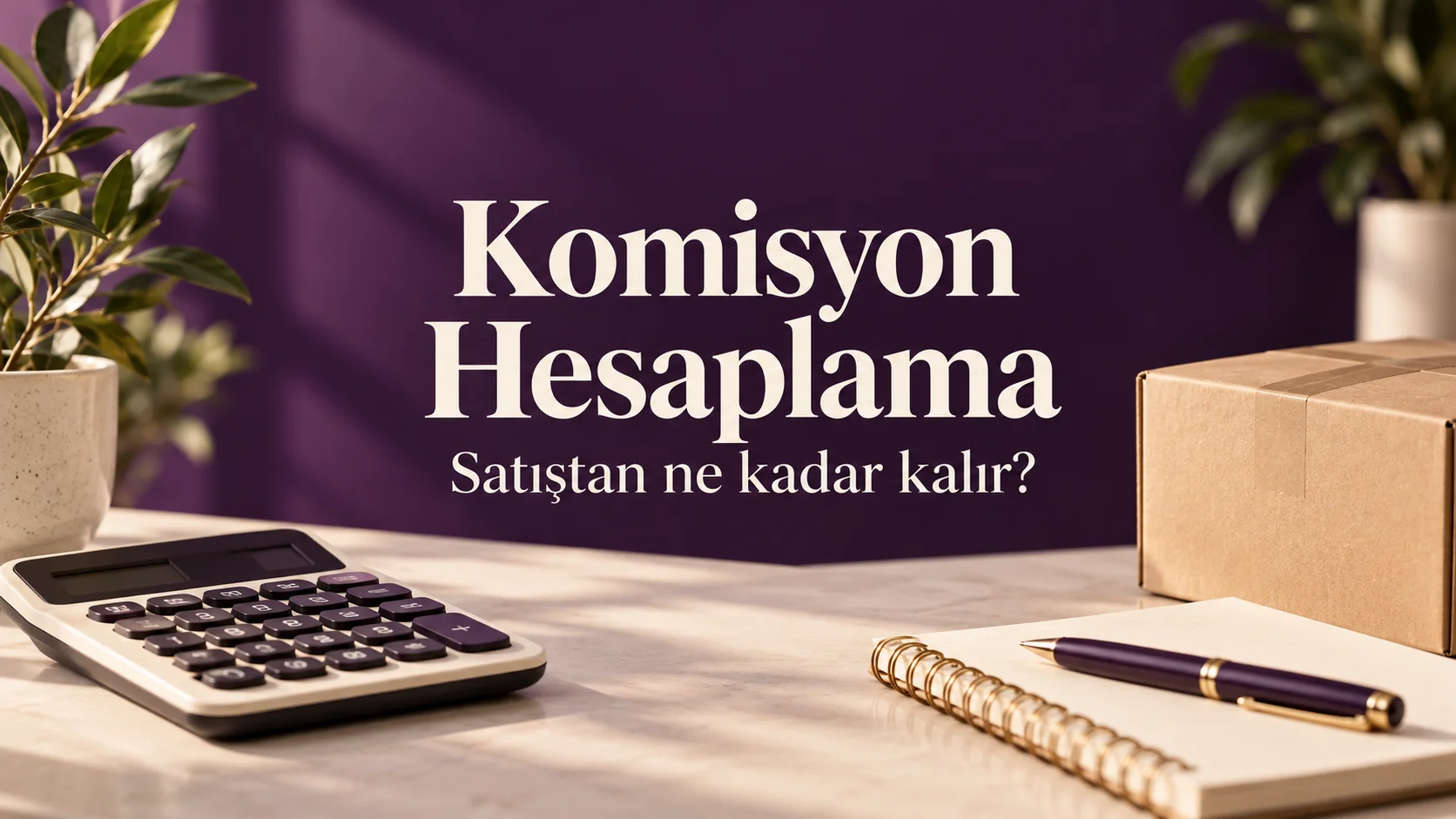 Komisyon hesaplama başlığıyla hesap makinesi, kargo kutusu ve not defteri