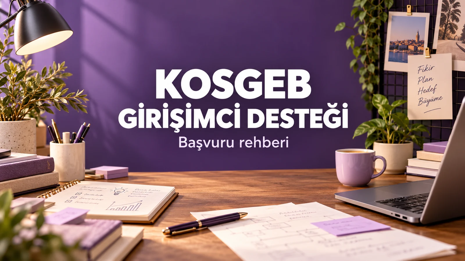 KOSGEB girişimci desteği başvurusu rehberi, mor tonlarda çalışma masası