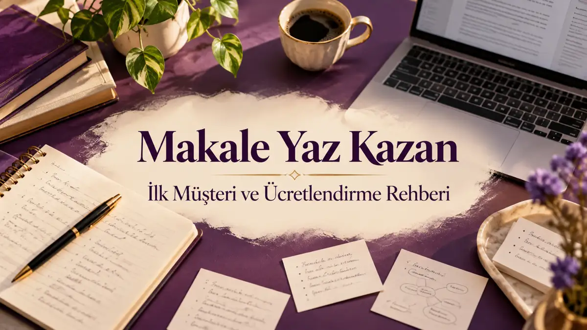 Makale Yaz Kazan: İlk Müşteri ve Ücretlendirme Rehberi 1 Makale yaz kazan rehberi için mor ve krem tonlarında bilgisayar, defter ve araştırma notları bulunan masa
