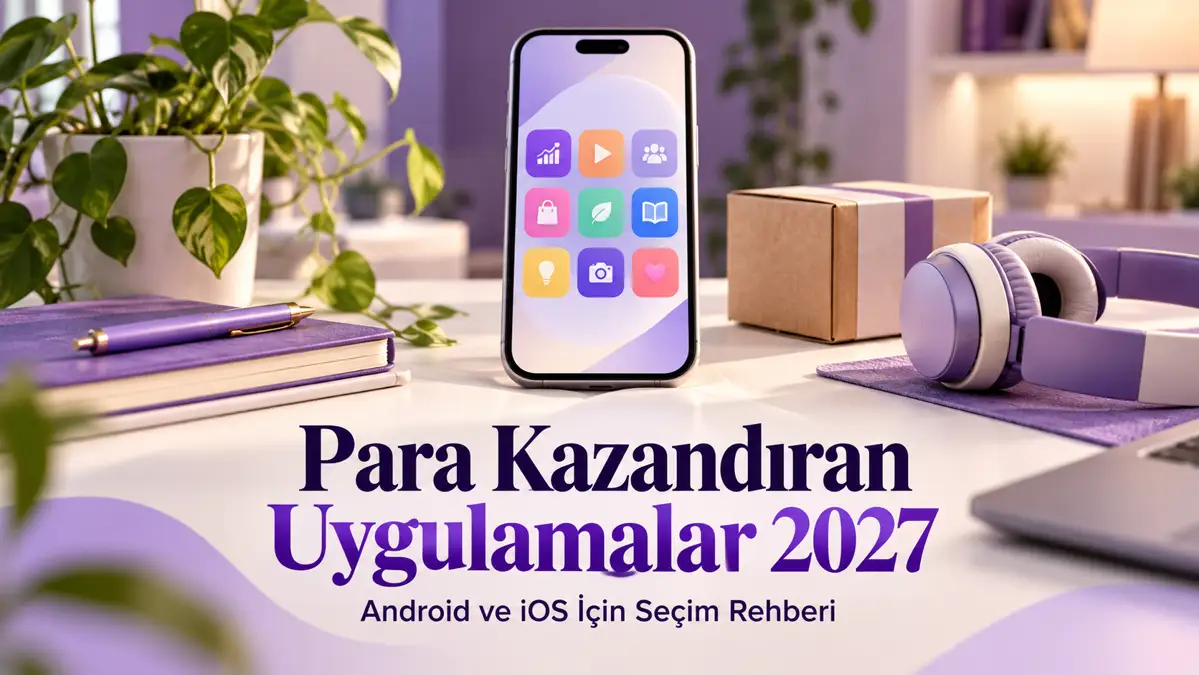 Para Kazandıran Uygulamalar 2027: Android ve iOS İçin 8 Seçenek 1 Para kazandıran uygulamalar 2027 rehberi için telefon, ürün kutusu ve kulaklık temalı mor kapak