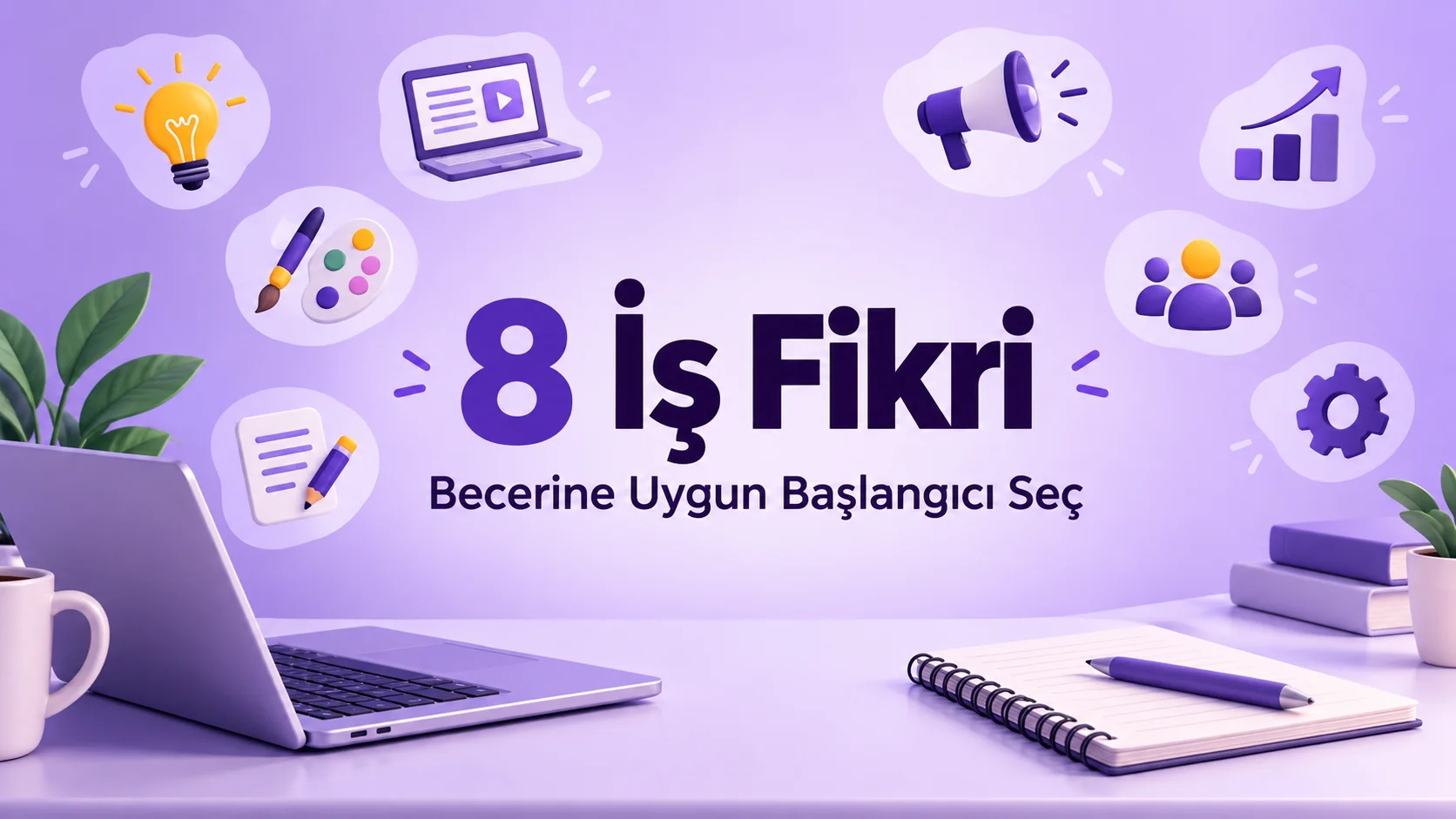 En İyi İş Fikirleri: Becerinize Göre 8 Başlangıç Modeli 2 En iyi iş fikirleri: bilgisayar, not defteri ve sekiz iş modelini temsil eden simgeler