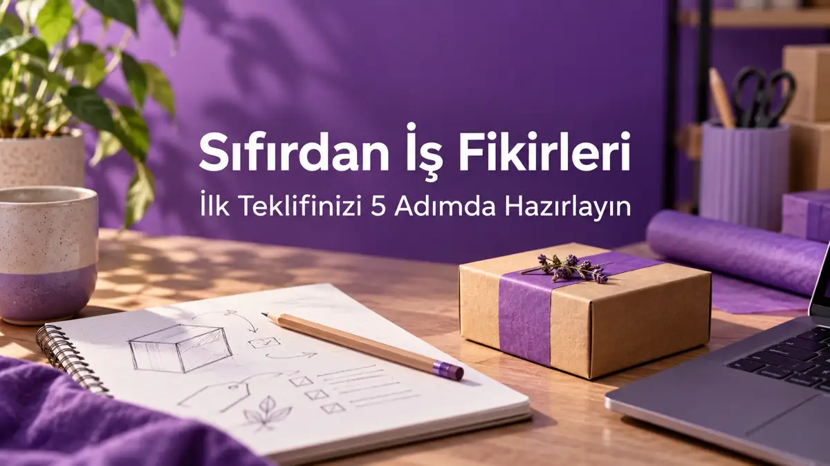 Sıfırdan İş Fikirleri: İlk Teklifinizi 5 Adımda Hazırlayın 1 Sıfırdan iş fikirleri rehberi için mor çalışma masasında defter, örnek ambalaj ve bilgisayar