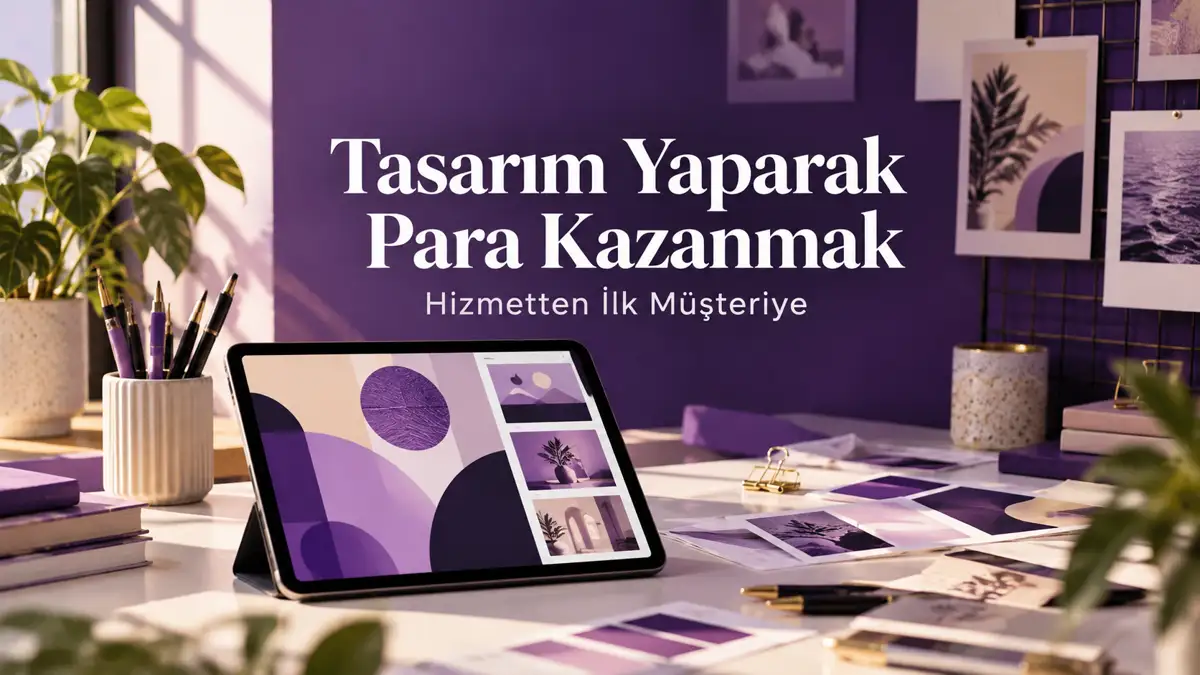 Tasarım Yaparak Para Kazanmak: 5 Hizmet ve İlk Müşteri Rehberi 1 Tasarım yaparak para kazanmak rehberi: mor çalışma masasında tablet ve özgün görsel tasarım örnekleri