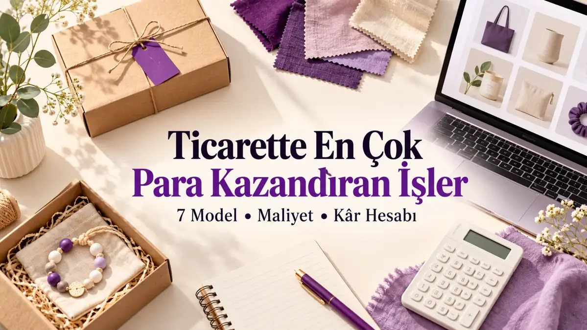 Ticarette en çok para kazandıran işler için ürün kutusu, bilgisayar ve maliyet hesabı temalı mor kapak