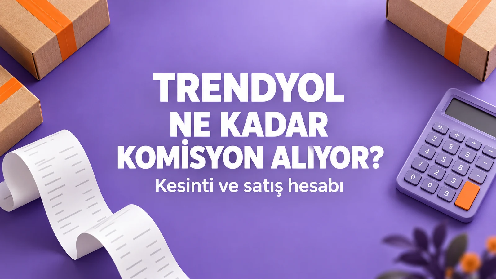 Mor zemin üzerinde Trendyol ne kadar komisyon alıyor başlığı, hesap makinesi, fiş ve kargo kutuları